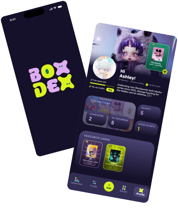 Boxdex loading screen and collections screen shown on phone mockups